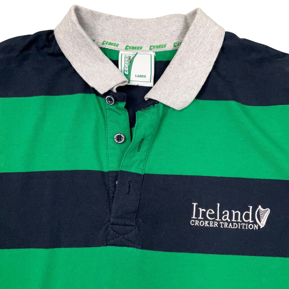 Croker Sports Rugby Mens Large Green Navy Stripe Polo Ireland Harp Celtic Music